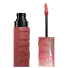 Produto de maquiagem Maybelline Super Stay Vinyl Ink, com embalagem preta e rosa, contendo um aplicador de pincel para lábios em formato cônico
