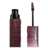 Frasco de maquiagem Maybelline Super Stay Vinyl Ink, em tom de vinho escuro, com aplicador em formato de pincel. Rótulo com o nome da marca e do produto em destaque.