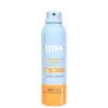 Frasco cilíndrico spray nas cores azul claro e laranja.