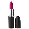 A imagem mostra um batom tipo bala, rosa, com a tampa ao lado. A embalagem é preta e prata com o logo da marca em preto.