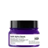Frasco de máscara capilar profissional Keratin Alpha Sleek da L'Oréal Paris, com 250 ml de volume, em embalagem de vidro de cor roxa brilhante e tampa preta.