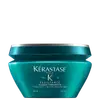 Frasco de máscara terapêutica da linha Resistance da Kérastase, com embalagem em tons de azul e verde, contendo 200 ml do produto.