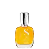 Frasco do óleo da linha Semi di Lino da Alfaparf Milano, com design elegante em vidro transparente e tampa metálica. O rótulo apresenta o nome da linha em letras brancas sobre fundo amarelo.