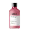 Shampoo da linha Serie Expert Pro longer da L'Oréal Professionnel. O frasco é de plástico rosa. Na parte frontal, há um rótulo branco com o nome do produto "Pro longer" e a descrição "Filler-A100 + Amino Acid Shampoo Profissional" em português e inglês.