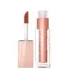 Produto de maquiagem Maybelline Lifter Gloss, com embalagem em tons de rosa e branco, contendo um aplicador de esponja e um frasco com líquido rosa claro.