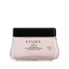 Pote de vidro transparente com conteúdo branco, tampa e letras pretas, contendo 250g de creme acetinado hidratante corporal da marca Elysée Nuit.