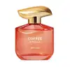 Frasco de item de perfumaria da marca Coffee Woman Unique, com formato arredondado e tampa dourada, em cor vermelha predominante, com texto "Coffee Unique" e "oBoticario" legível no rótulo.