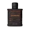 Frasco retangular marrom com texturas onduladas, tampa preta e letras bege, contendo 100ml de desodorante colônia da marca Uomini.