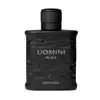Frasco retangular preto com texturas onduladas, tampa preta e letras cinzas, contendo 100ml de desodorante colônia da marca Uomini Black.

