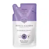 Refil de loção hidratante corporal Cuide-se Bem Rosa e Algodão em sachê de 350ml nas cores lilás e branco com flor de algodão ilustrada.