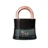 Vidro preto em formato de cadeado com o arco e as letras na cor dourada, contendo 50ml de Eau de Parfum da marca Her Code.