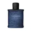 Frasco retangular azul marinho com texturas onduladas, tampa preta e letras com degradê em tons de azul, contendo 100ml de desodorante colônia da marca Uomini Infinite.