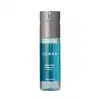Frasco cilíndrico de spray corporal da marca Clash, com corpo transparente e tampa borrifadora cinza, contendo líquido azul-esverdeado, com texto "CLASH BODY SPRAY DESODORANTE" impresso no rótulo.