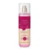 Frasco cilíndrico transparente com líquido rosa claro, pulverizador prateado, tampa transparente e rótulo vinho e rosa com beija-flor ilustrado contendo 200ml de body splash da marca Cuide-se Bem Beijinho.