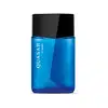 Vidro azul com tampa preta, ambos em formato geométrico e letras brancas no rótulo contendo 100ml de desodorante colônia Quasar Classic.