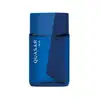 Frasco de vidro em formato geométrico com letras amarelas contendo 100ml de desodorante colônia Quasar Blue.