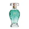 Vidro transparente lapidado com líquido azul, borrifador dourado, tampa transparente e letras douradas contendo 75ml de Eau de Parfum Floral Especiado da marca Botica 214 Fiji Paradise.