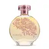 Vidro transparente redondo com florais em relevo e líquido dourado, borrifador também dourado e tampa transparente contendo 75ml de desodorante colônia Floratta Gold.