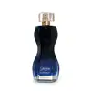 Vidro curvilíneo com degradê de preto e azul, borrifador dourado e tampa transparente contendo 75ml de desodorante colônia Glamour Midnight. Embalagem elegante e sofisticada.