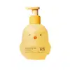 Frasco em forma de passarinho amarelo com detalhes laranjas, tampa laranja e bomba dosadora amarelas, contendo 200ml de sabonete líquido de glicerina da marca Boti Baby.