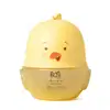 Frasco em formato de passarinho amarelo com parte superior na cor bege escuro e detalhes laranjas contendo 100ml de colônia do sol da marca Boti Baby.