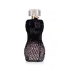 Vidro curvilíneo com renda preta em volta, pulverizador dourado e tampa transparente contendo 75ml de desodorante colônia Glamour Secrets Black Intense.