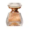 Eau de Parfum Elysée do Boticário em frasco de vidro transparente com detalhes geométricos facetados, como uma joia. O frasco tem uma base e tampa douradas metálicas. O líquido dentro é de cor âmbar claro.