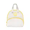 Frasqueira branca com detalhe e zíperes amarelos, alças de transporte prateadas e bolsos externos da marca Boti Baby.