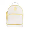 Mochila branca com detalhes em amarelo. A mochila tem formato arredondado e uma alça para carregar nas costas. Na frente, há um aplique com o passarinho Fido com o texto "Boti" bordado. As bordas e os zíperes são amarelos. Vista de frente.