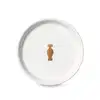 Suporte para vela branco da marca Casa 214 no formato redondo com logo do Boticário em dourado no centro.
