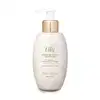 Frasco branco ovalado com detalhe dourado, tampa dosadora branca e letras bege escuras contendo 250ml de creme de banho acetinado da marca Lily