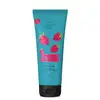 Frasco azul com tampa preta e ilustrações de framboesas na cor rosa contendo 230ml de shampoo Cuide-se Bem Feira Vinagre de Framboesa.