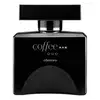 Vidro quadrado preto com tampa retangular preta, detalhes e letras prateadas, contendo 100ml de desodorante colônia Coffee Man Duo.