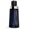 Frasco de fragrância da marca O Boticário Malbec Noir feito de vidro de cor azul escuro, com um design geométrico com tampa texturizada preta com detalhes prateados na base.