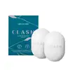 Caixa azul-esverdeada com logotipo "Clash" e dois sabonetes brancos em formato oval com textura lisa e logotipo "Clash" gravado.