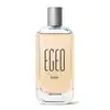 Frasco de vidro transparente com líquido âmbar, rótulo preto e tampa prateada contendo 90ml de desodorante colônia Egeo Cogu.
