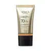 Tubo de base com 3 tipos de ácido hialurônico e prebióticos da marca Make B. com FPS 70, proteção UVA+++ e cobertura média construível. Embalagem de 30 ml com rótulo em tons de bege e preto.