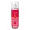 Imagem de um frasco transparente e líquido rosa de body splash Cuide-se Bem Morango e Leite com rótulo vermelho e rosa, contendo texto e imagem de morango.