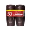 Imagem de dois frascos de desodorante antitranspirante roll-on Malbec na cor marrom escura e letras brancas. Indica oferta especial de compre 2 e ganhar 50% de desconto na segunda unidade. Cada frasco contém 55 ml do produto.