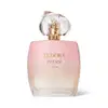 Frasco de vidro transparente degradê rosa claro. Tampa dourada com vidro em forma de pedra translúcida. Rótulo em letras douradas no contraste rosa.