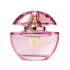 Frasco do Eau de Parfum Eudora Rosé. O frasco é feito de vidro rosa com detalhes em dourado. Na parte frontal, está gravado o nome "Rosé" em letras douradas cursivas. O topo do frasco tem uma tampa em vidro que deixa entrever a parte dourada do borrifador
