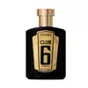 Frasco de item de perfumaria preto e dourado com rótulo destacado "Eudora Club 6 Prestige". O frasco possui formato retangular com detalhes geométricos dourados na tampa e na parte inferior. 