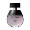 Frasco de item de perfumaria preto e arroxeado com tampa preta. Rótulo com o nome da marca "EUDORA" e o nome da linha "Velvet Soul" em letras pretas.