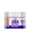 Máscara hidro-nutritiva Juba. Embalagem branca, rótulo com detalhes em rosa e azul. Texto destacaingredientes orgânicos hidratantes e nutritivos como manteiga de murumuru, óleos de coco e linhaça dourada.