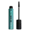 Frasco azul de máscara de cílios Big Bang aberto em formato cilíndrico e pequeno, com uma tampa preta. O aplicador está visível ao lado da embalagem e conta com um pincel de cerdas pretas e curtas para aplicação do produto nos cílios.