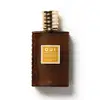 Frasco de item de perfumaria da marca O.U.i. com formato retangular, tampa dourada e rótulo com texto em amarelo e marrom sobre fundo marrom escuro.