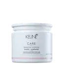 Embalagem branca com rótulo da marca Keune Care, contendo máscara de tratamento para cabelos alisados e fortalecidos, com textura suave e promessa de reduzir frizz.