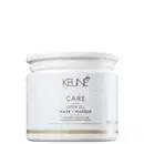Frasco branco com rótulo da marca Keune, contendo máscara de óleo de seda para cabelos opacos, com informações sobre luminosidade e tratamento para cabelos.