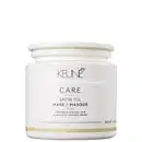 Frasco branco com rótulo da marca Keune, contendo máscara de óleo de seda para cabelos opacos, com informações sobre luminosidade e tratamento para cabelos.