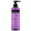 Frasco de óleo de limpeza demaquilante da marca Principia, com 200ml de capacidade. Embalagem de cor roxa com rótulo preto destacando os ingredientes: 30% óleo de girassol, 15% mix de tensoativos e 1% vitamina E.
